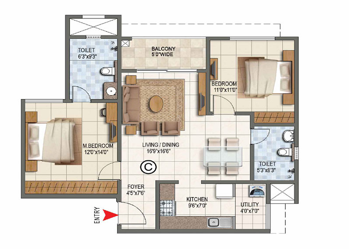 Prestige Gardenia Estate 1 BHK Floor Plan