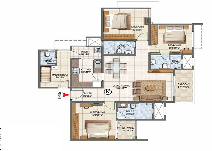 Prestige Gardenia Estate 3 BHK Floor Plan